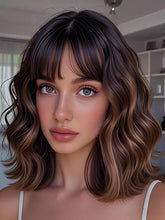 Brown Highlight Natural Look Short Soft Waves 100% Human Hair Wig with Bangs - Everyday Wigs